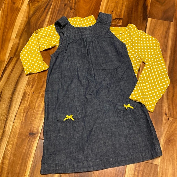 Girl’s Size 3 Carter’s Outfit: Denim Apron Dress, Polka Dot T-shirt & Cardigan - Picture 2 of 9